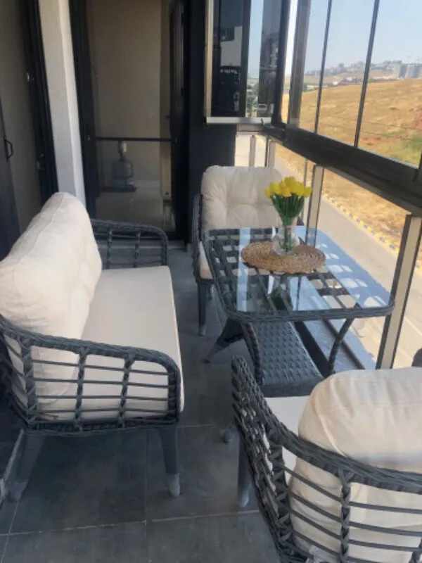 Kartepe 2 1 1 Rattan Bahçe Balkon Takımı,kahve Örgü/krem Kumaş