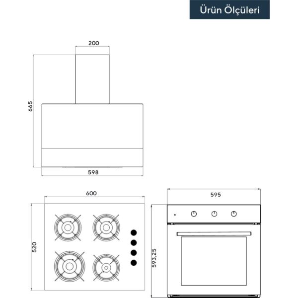 Kumtel Kristal Beyaz Cam Ankastre Set (DA6-830 Davlumbaz + KO-40 TAHDF Ocak + B66-SF2 Fırın)