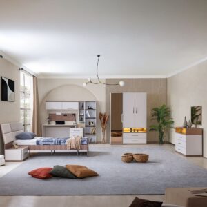 Setay Milano Genç Odası - 3 Kapaklı Aynalı Dolap, Karyola, Komodin, Çalışma Masası, Şifonyer, Kitaplık