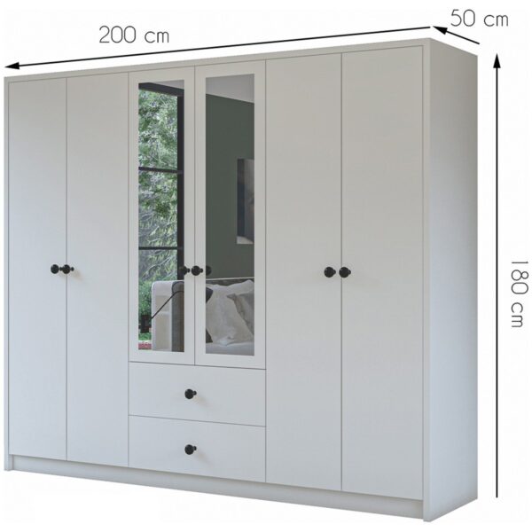 Metalia Gm 036 Lüx 6 Kapı 2 Çekmeceli Düğme Kulplu Aynalı Gardırop
