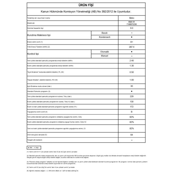 Beko KMX 91 9 kg Çamaşır Kurutma Makinesi