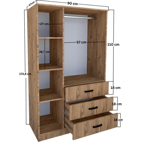 Midoser Easy Atlantik Çam 3 Kapılı 3 Çekmeceli Çok Amaçlı Elbise Dolabı