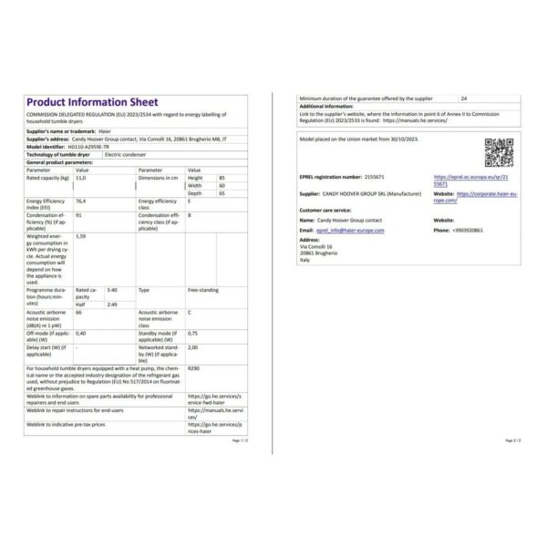 Haier HD110-A2959E-TR 11 kg Wi-Fi Bağlantılı Isı Pompalı Kurutma Makinesi
