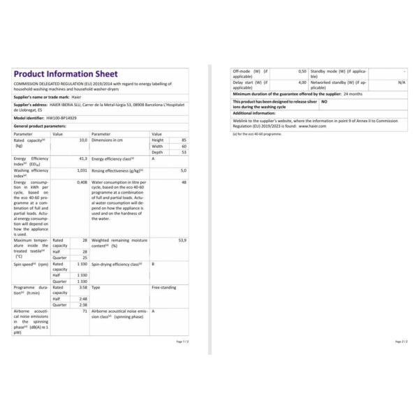 Haier HW100-BP14929A-S 10 kg 1400 Devir Çamaşır Makinesi