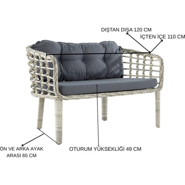 Kartepe Galvaniz Boru 2 1 1 Sehpa(60*90) Rattan Bahçe Balkon Takımı,Kahve Rattan / Krem Kumaş