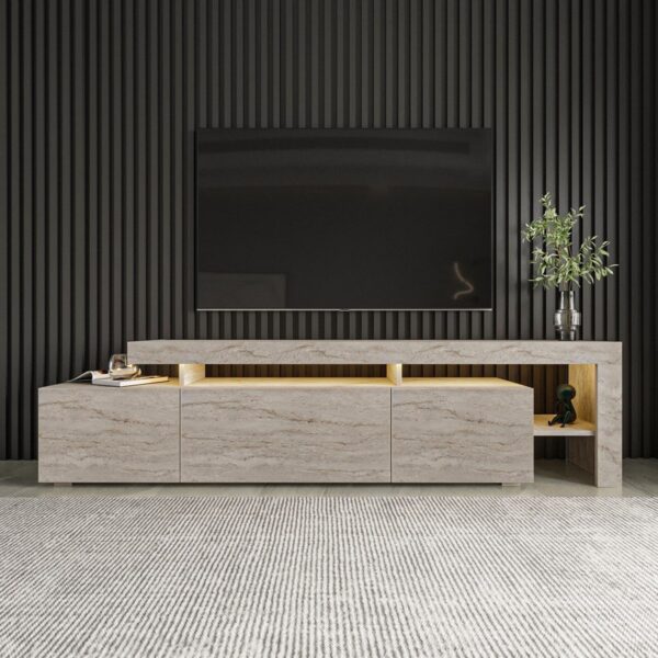 İnarch Dizayn Beliz Modern LED Işıklı 3 Kapaklı, Raflı TV Sehpası – 192 cm, Traverten Mermer Desen