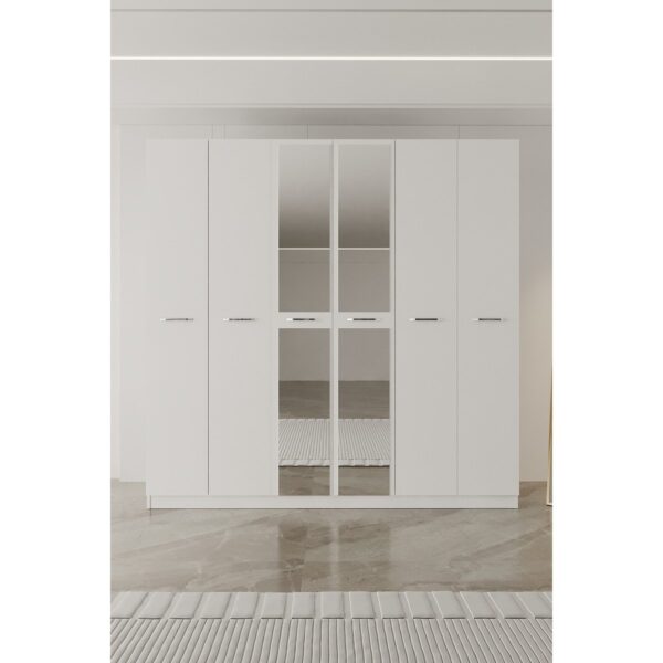 AE-2191 Hisar Beyaz/beyaz Aynalı 6 Kapaklı Çok Bölmeli Askılı ve Raflı Geniş Hacimli Gardırop 210X210 cm
